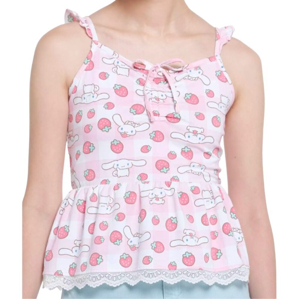 Cinnamoroll Strawberry Gingham Peplum Junior Girls Pink Cami - Size Small
